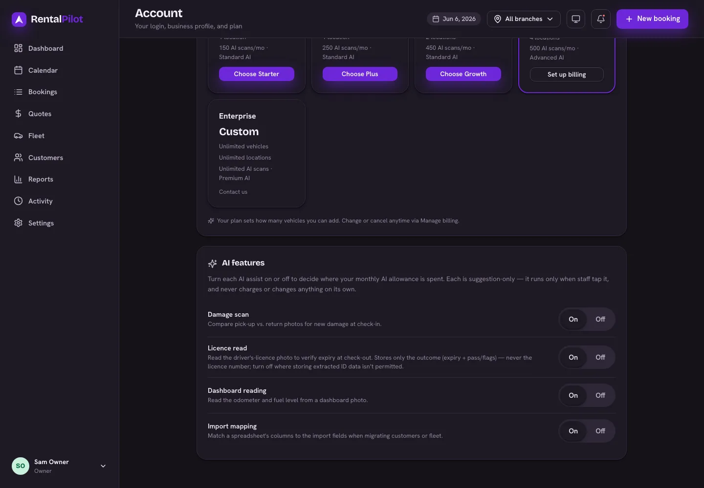 Account → AI features — an on/off switch for each AI feature so you control where your allowance is spent
