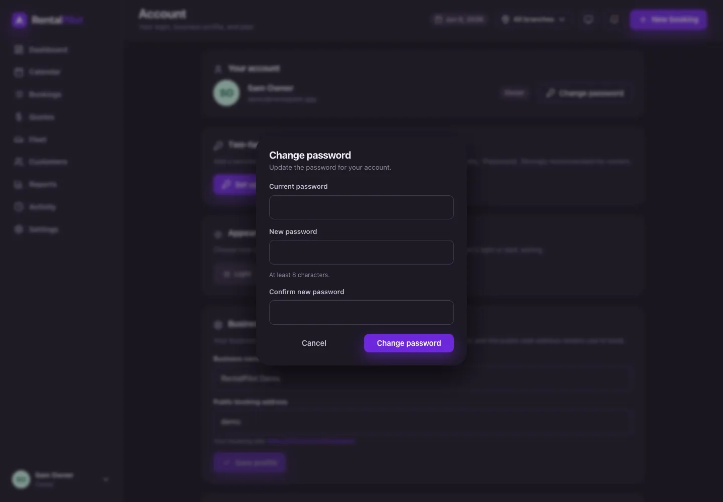The Account page with the "Change password" button