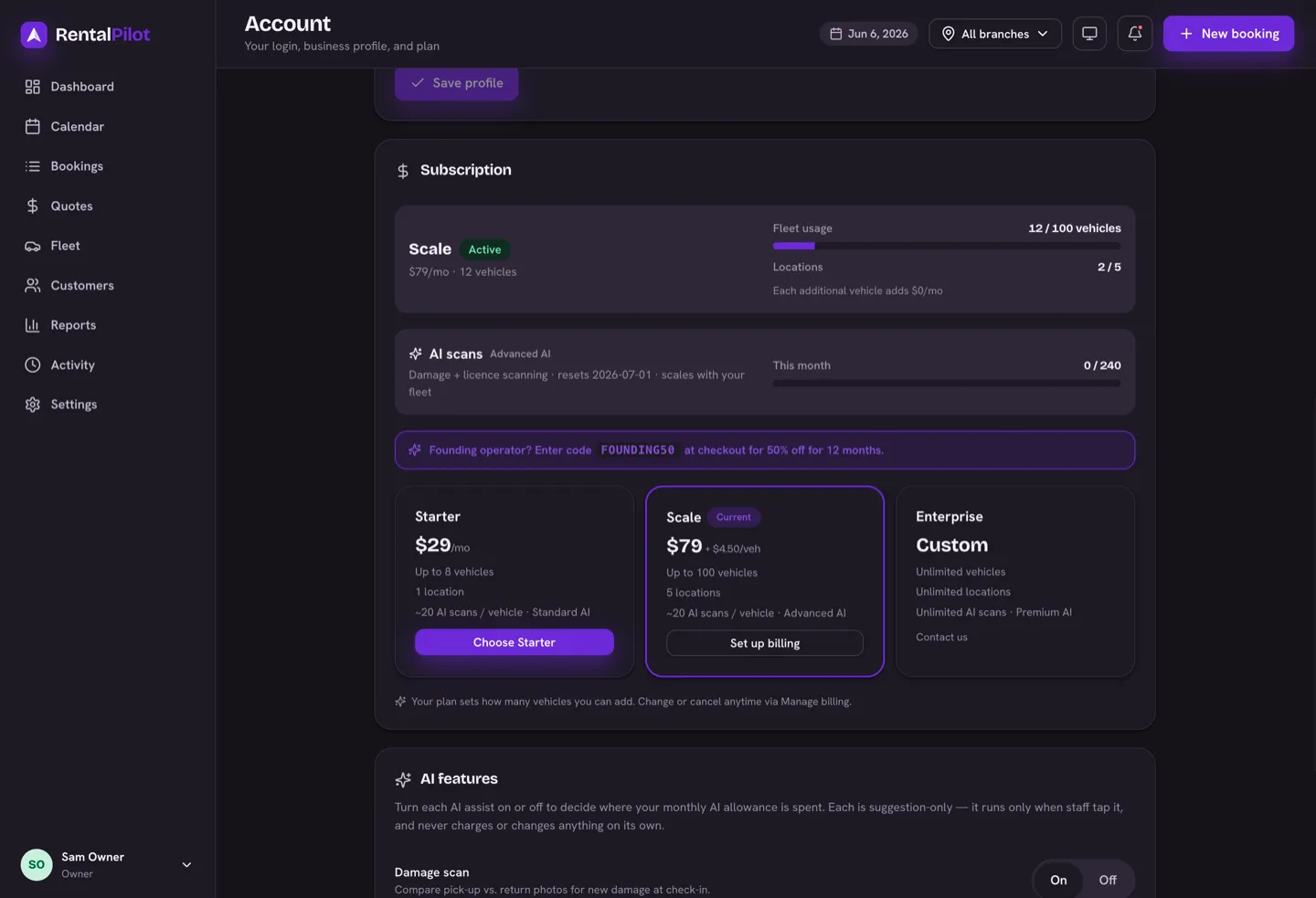 The Account page plan section — current plan, fleet and location usage, AI-scan allowance and the tier ladder