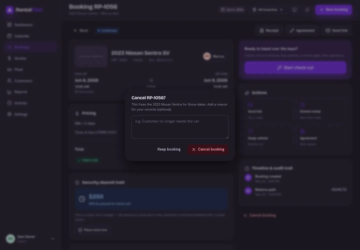 The cancel dialog — add an optional reason; an eligible refund is issued automatically