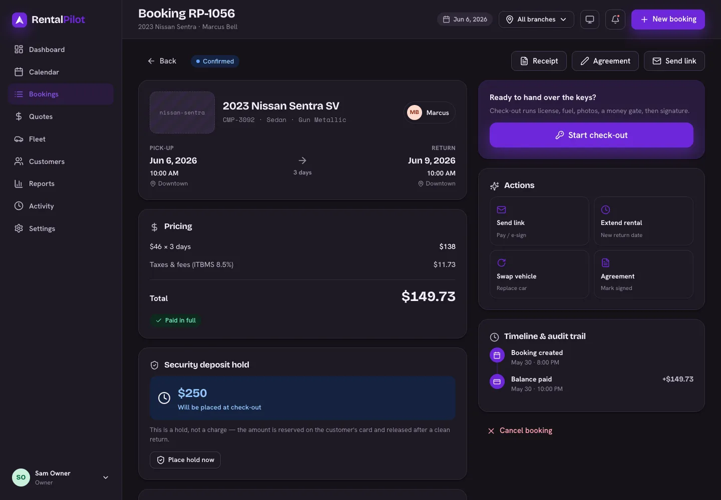 A confirmed booking showing the "Start check-out" button, ready to hand over the keys