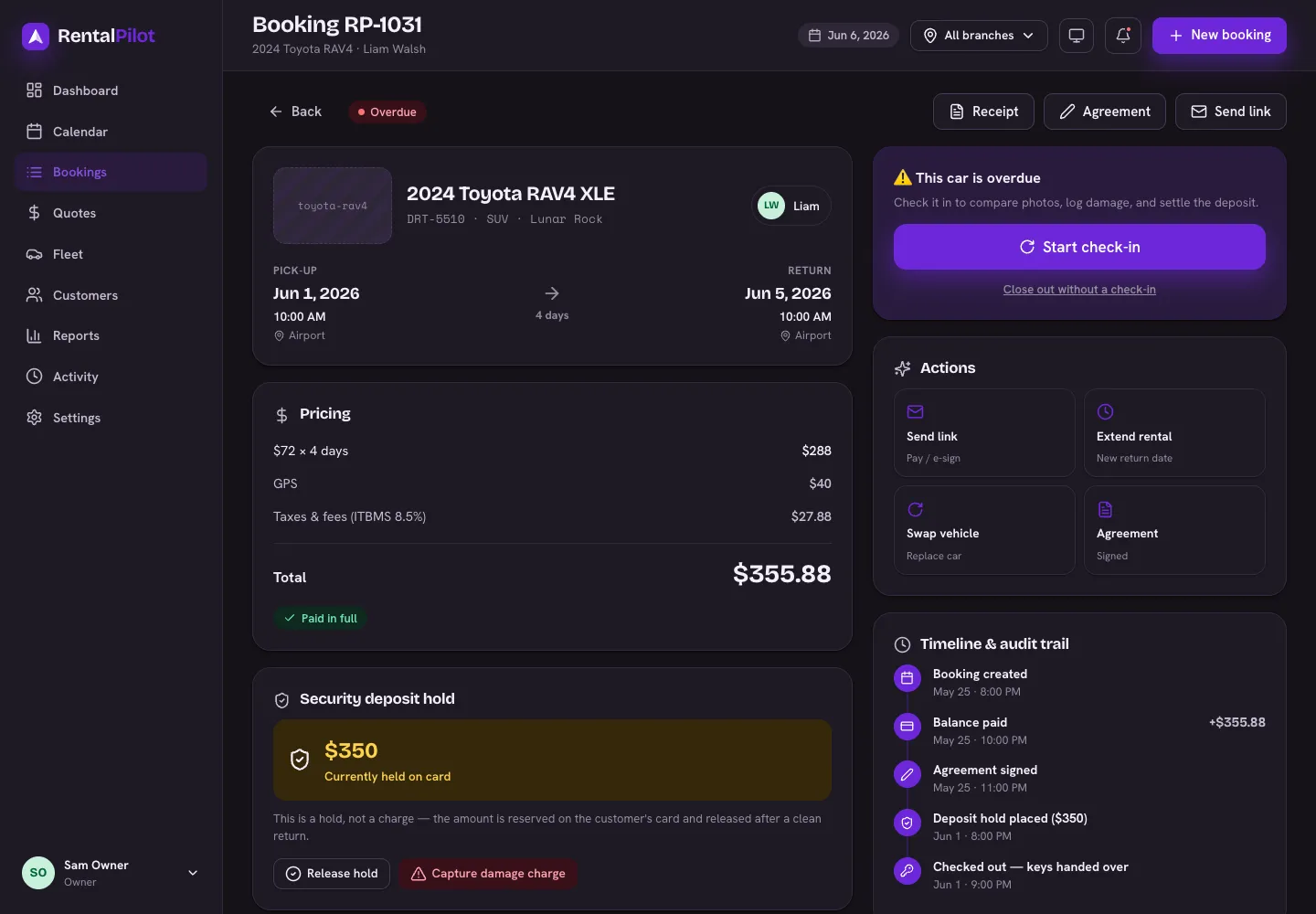 An on-rent booking showing "Start check-in", with options to release the deposit hold or capture a damage charge
