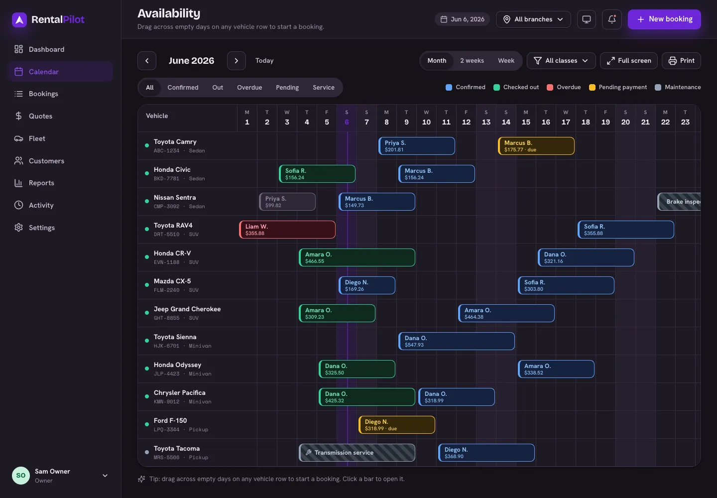 The booking calendar with one row per vehicle and colour-coded reservation bars