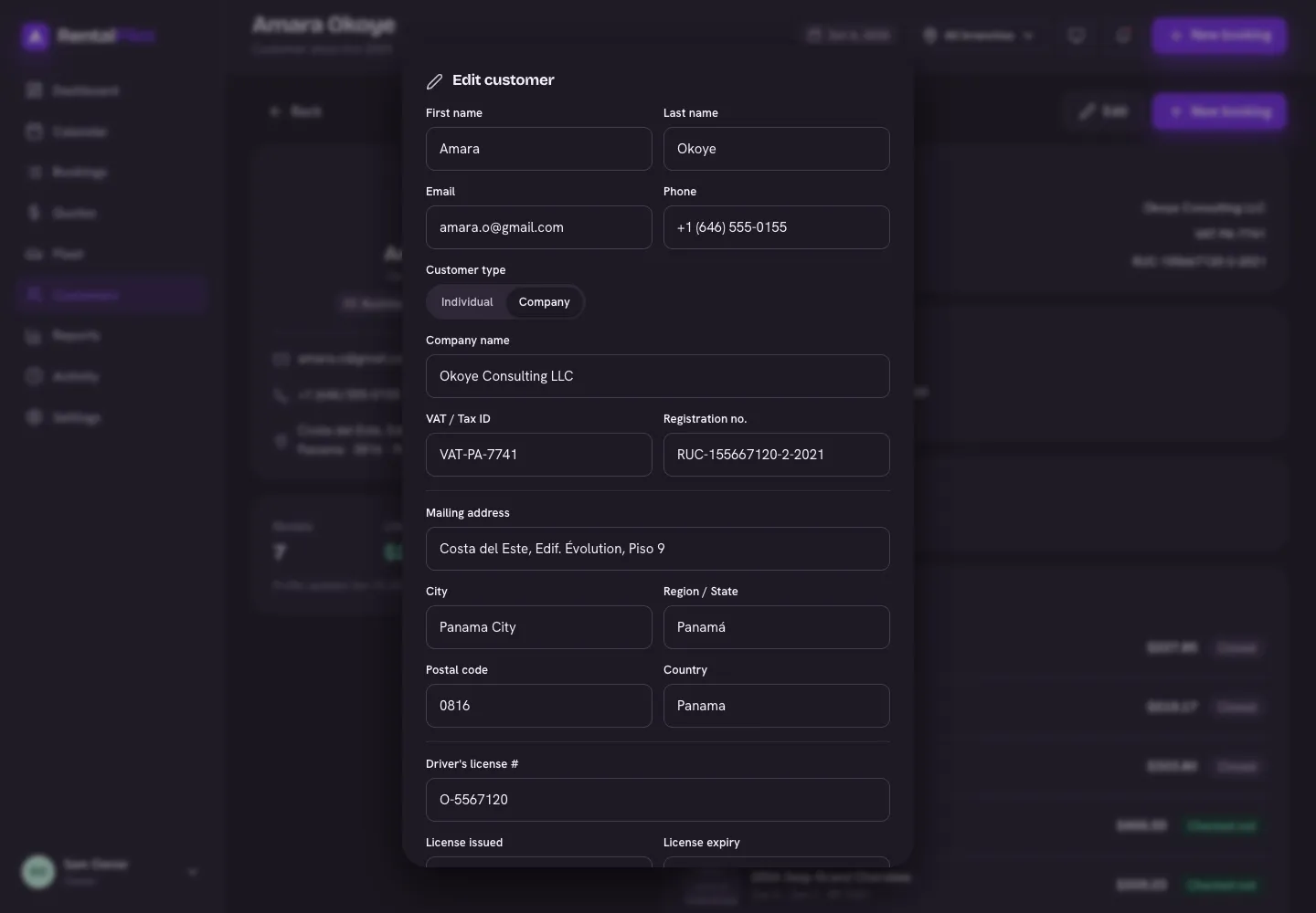 The Edit customer dialog — contact, company and tax details, mailing address and driver's licence