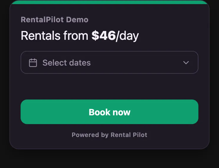 The live-quote widget showing "Rentals from $46/day", a date picker and a "Book now" button