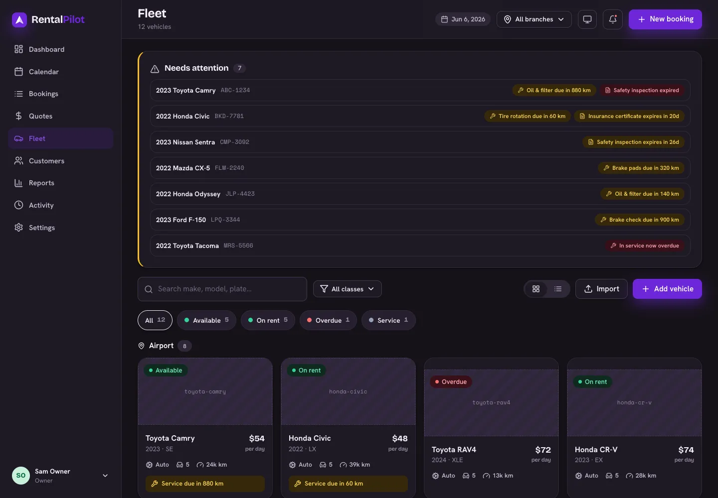 The Fleet page, grouped by location, with a "Needs attention" panel at the top