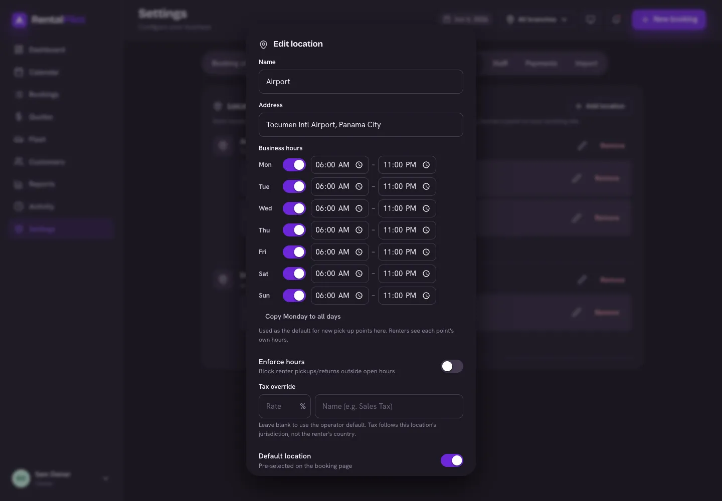 The location editor — address, a per-day business-hours grid, tax override and the default-location toggle