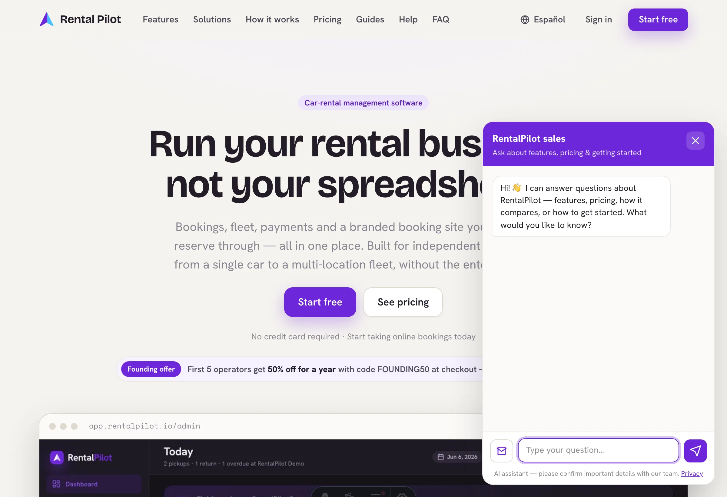 The RentalPilot sales assistant open on the website, ready to answer questions about features, pricing and getting started
