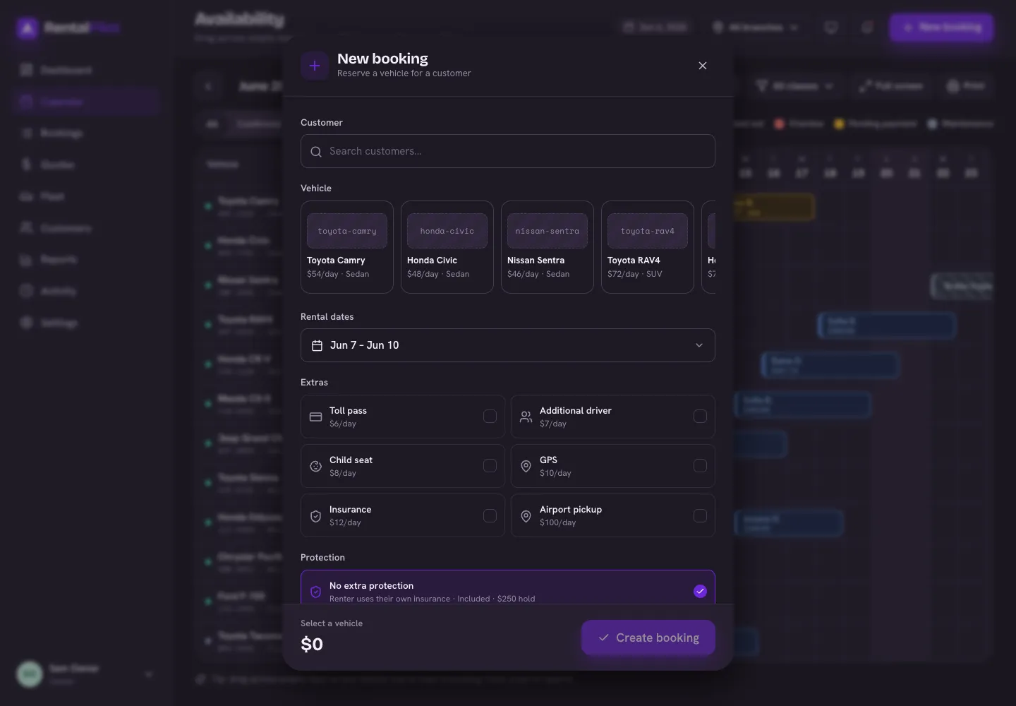The New booking dialog — choose a customer and vehicle, set the dates, and add extras and protection