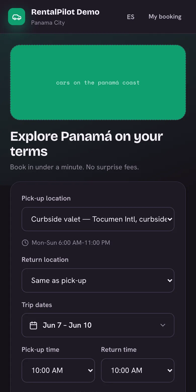 A branded mobile booking site where renters pick dates, choose a vehicle and pay