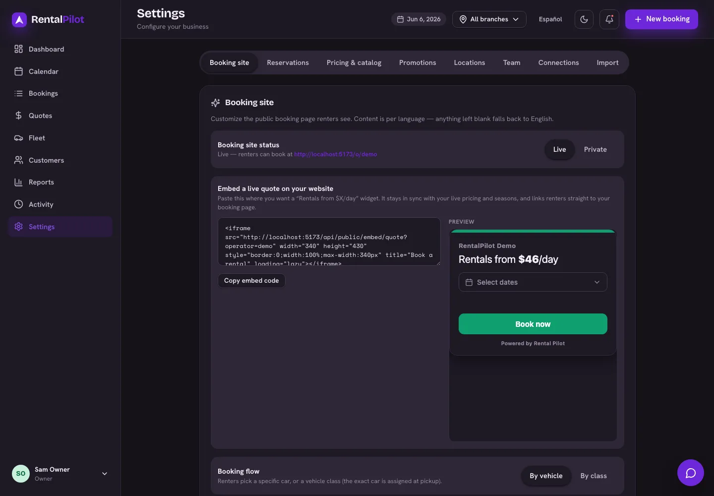 The embed snippet in Settings → Booking site