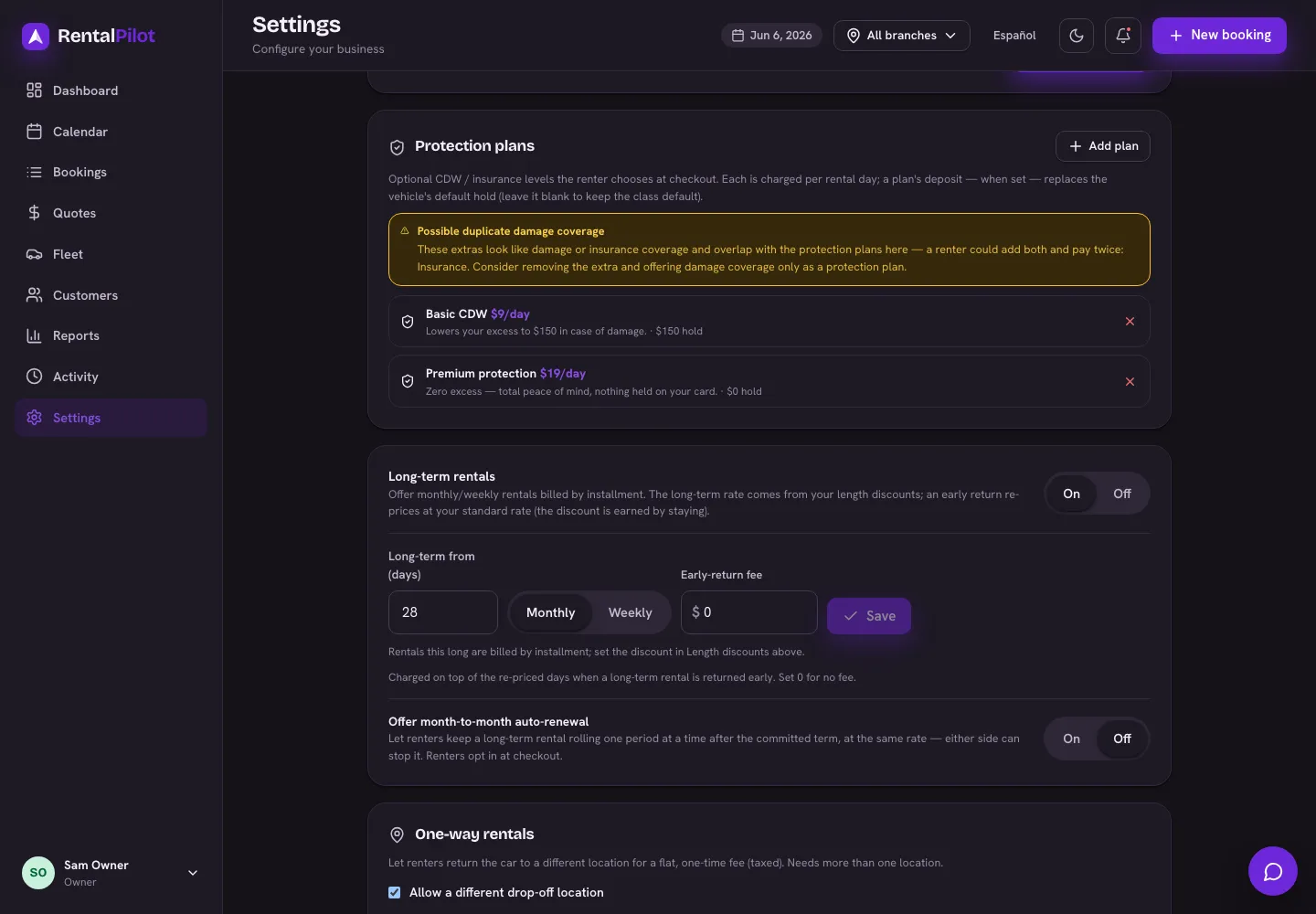 Settings → Reservations, the Long-term rentals section — the toggle, minimum length, billing cadence and early-return fee