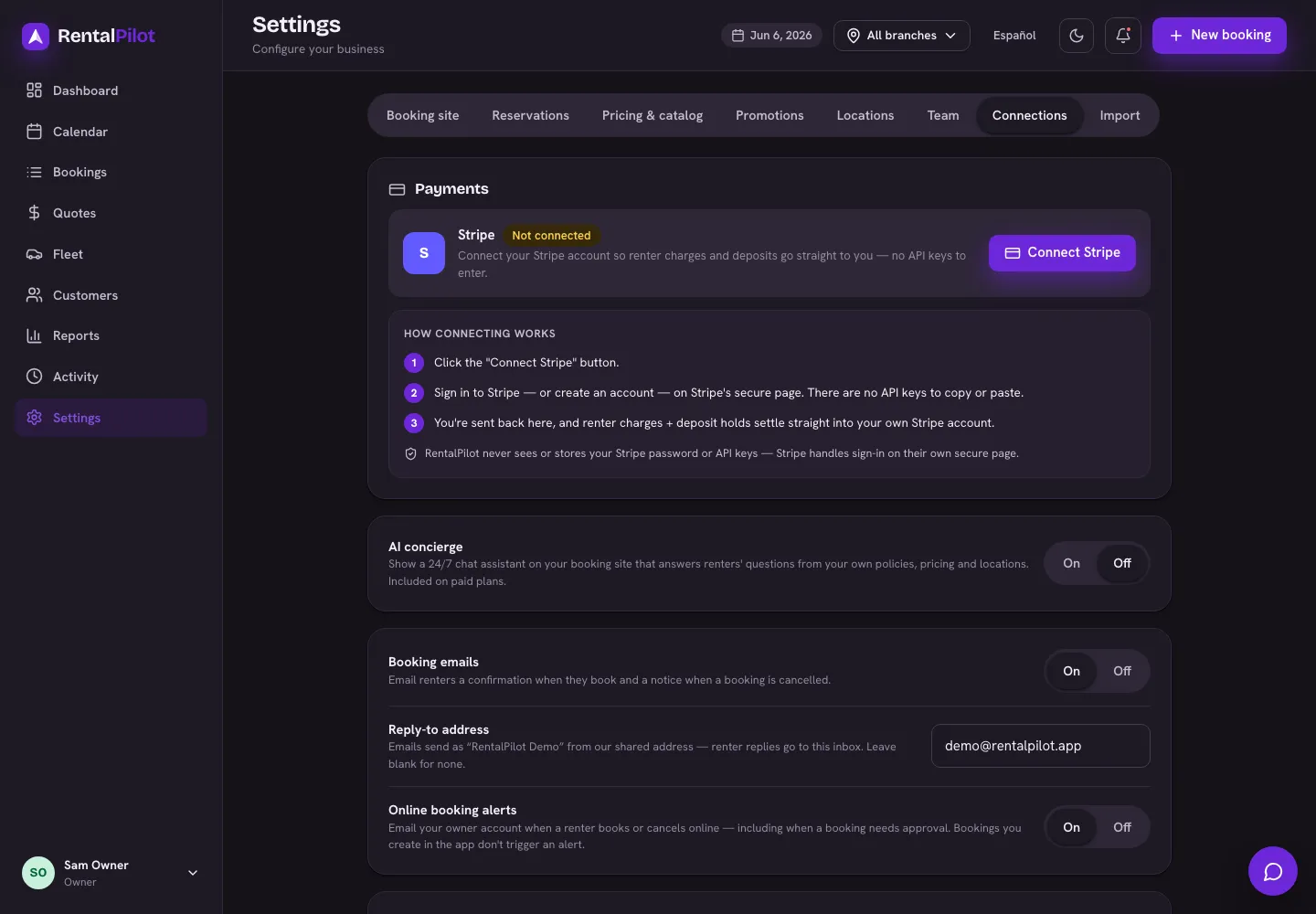 Settings → Connections — connect Stripe, with a "how connecting works" explainer and default deposits