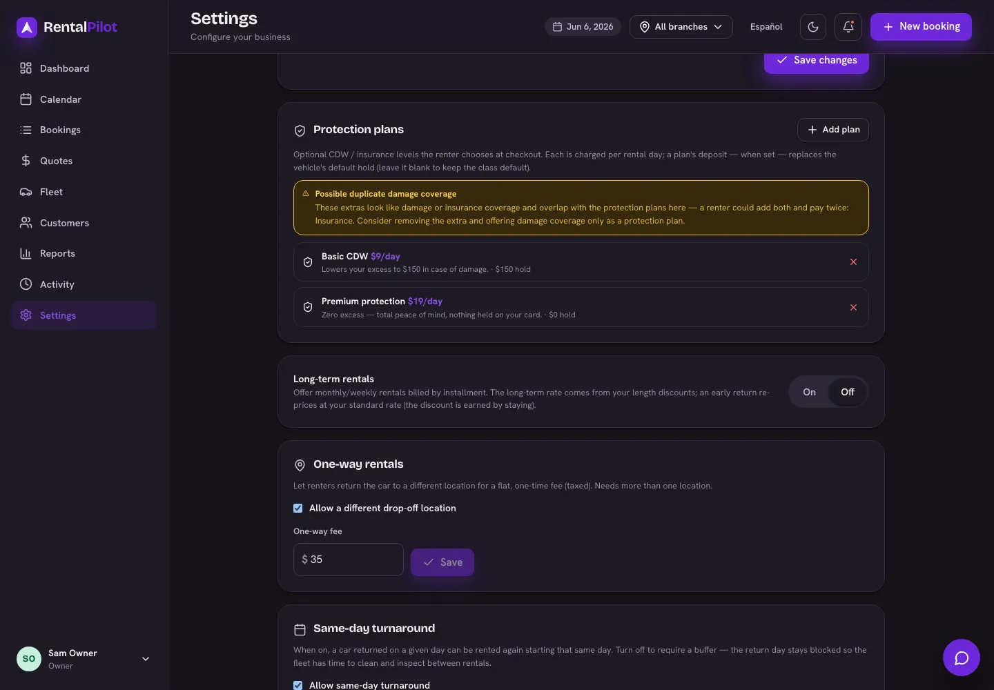 Settings → Reservations: protection (CDW) plans, with per-day prices and deposit overrides