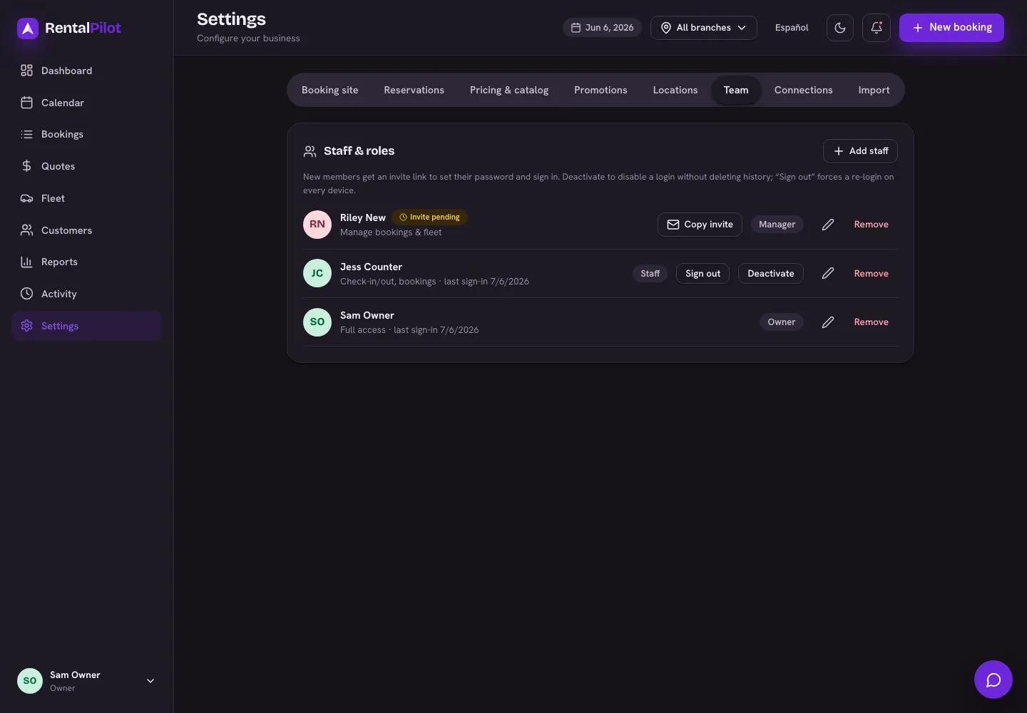 Settings → Team — team members, their roles and a pending invite