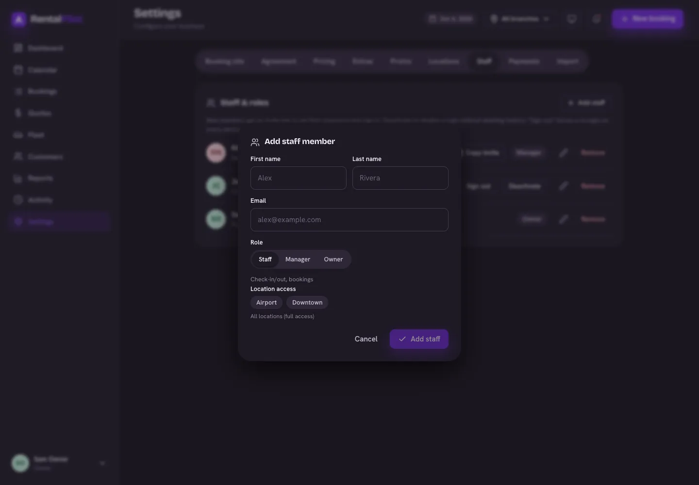 The Add staff dialog — pick a role (Staff / Manager / Owner) and limit the member to specific locations